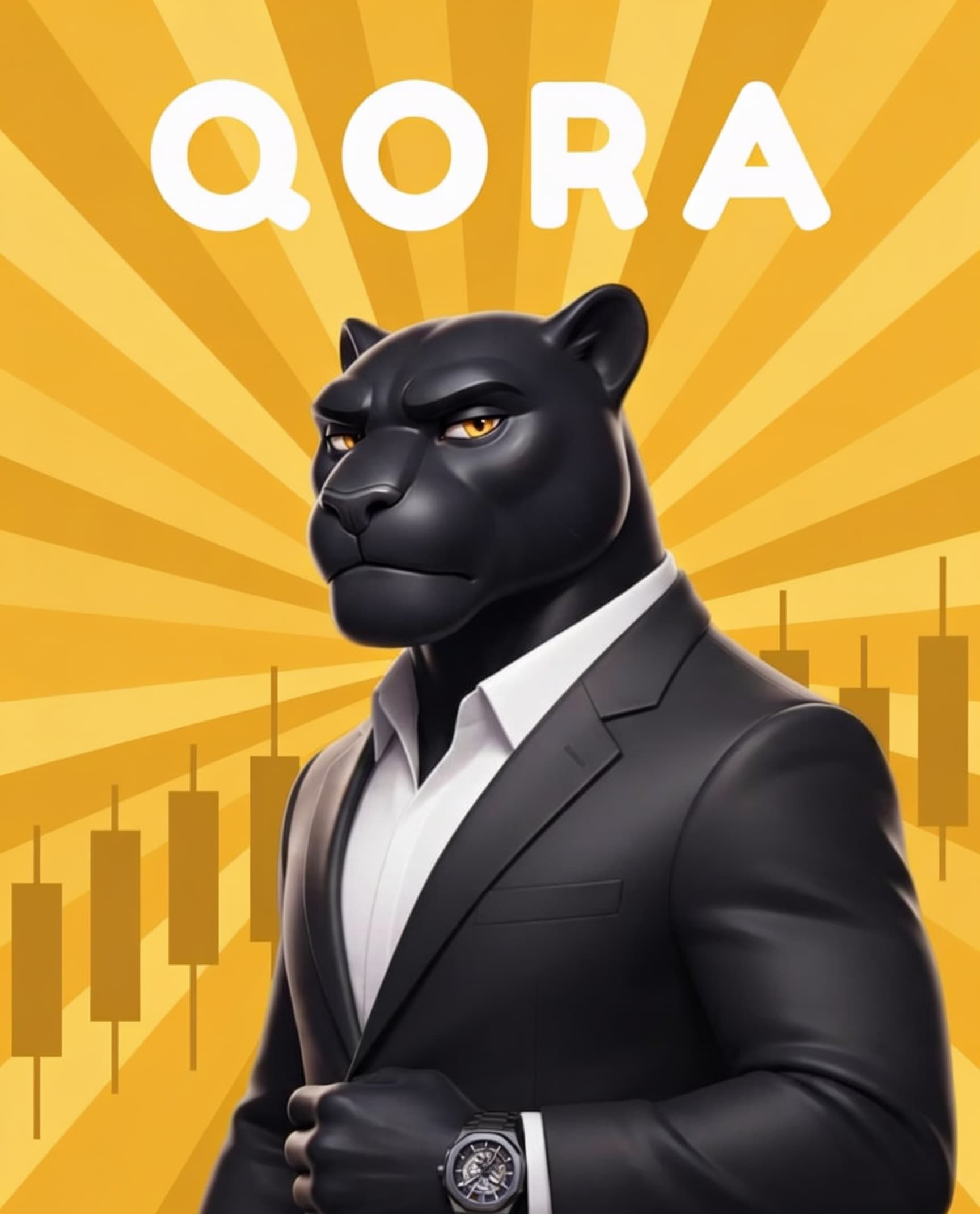 The QORA keyart: a panther in a suit, standing against an amber ground where candlesticks rise behind it.